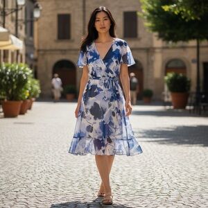 Dkny Blue and White Floral Wrap Midi Dress
